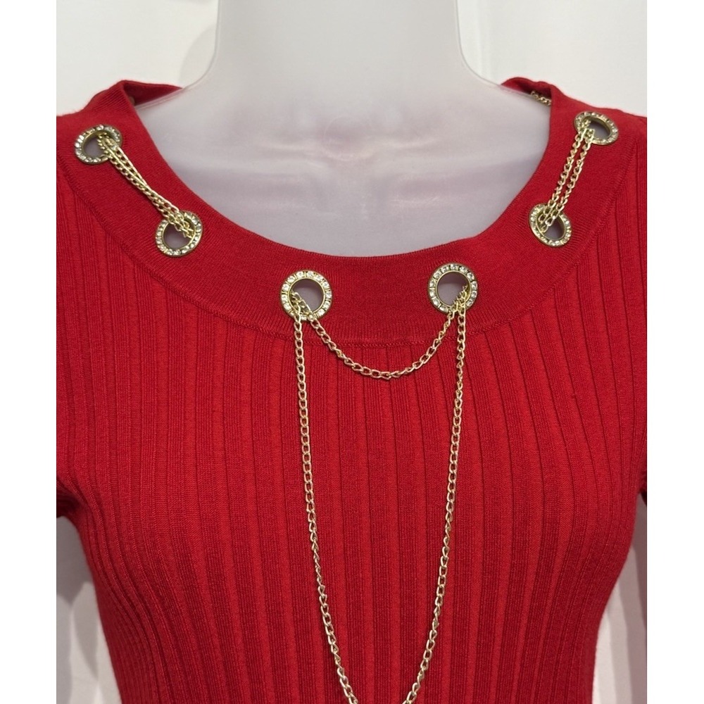 Rare Fontana Rhinestone Neck Sleeves Gold Necklace Ribbed Sweater Size M NWT - Picture 3 of 9